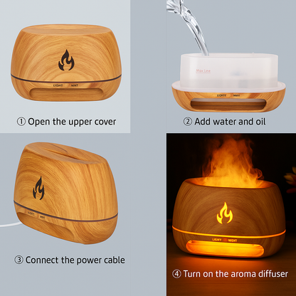 3D Flame Effect Essential Oil Diffuser, Ultrasonic Aroma Humidifier with LED Light & USB Power