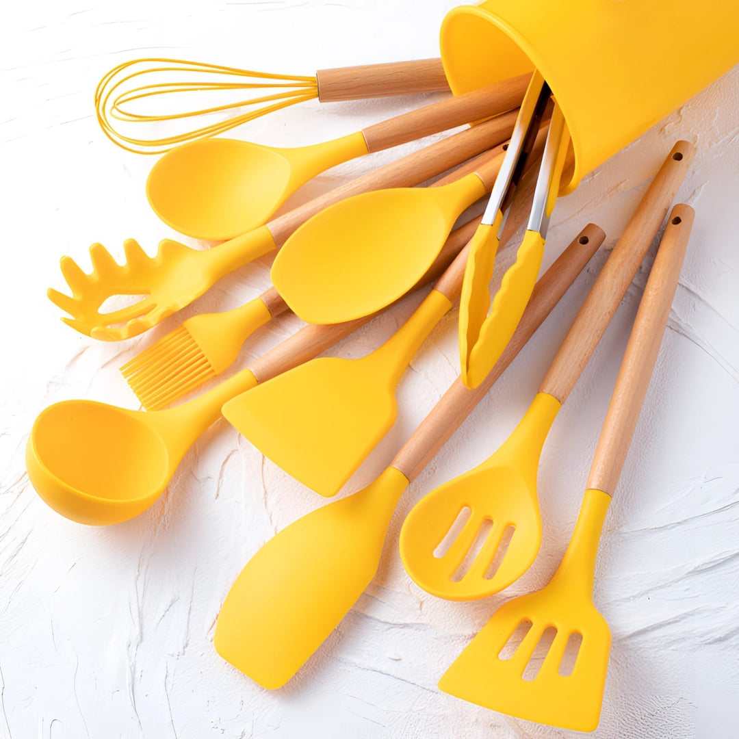 Silicone Kitchen Utensils Set with Bamboo Handles