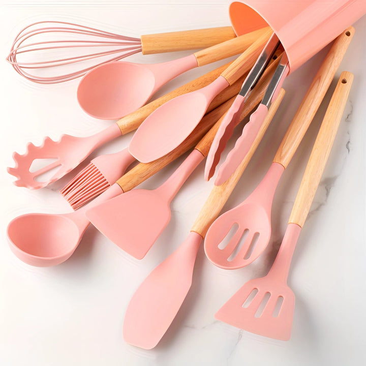 Silicone Kitchen Utensils Set with Bamboo Handles