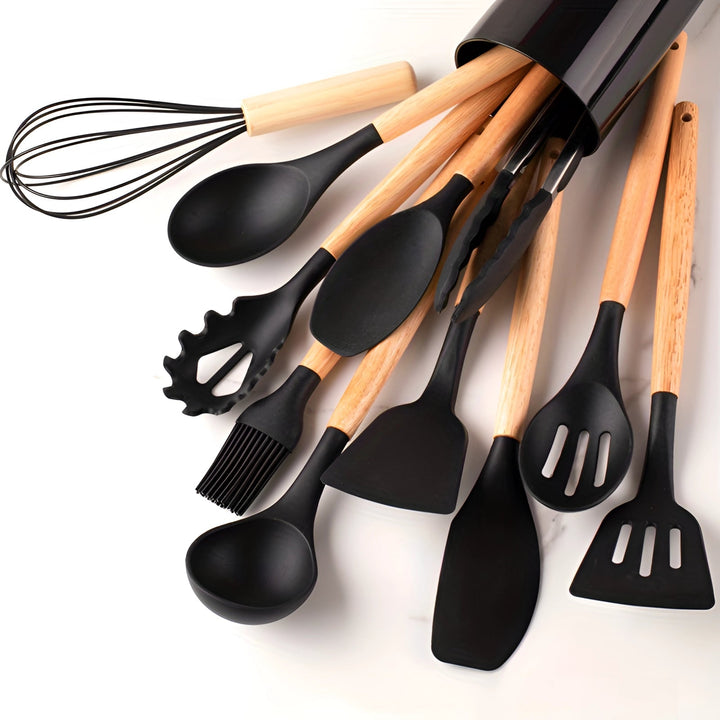 Silicone Kitchen Utensils Set with Bamboo Handles