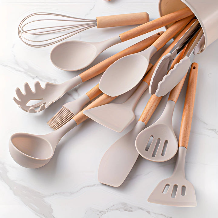 Silicone Kitchen Utensils Set with Bamboo Handles