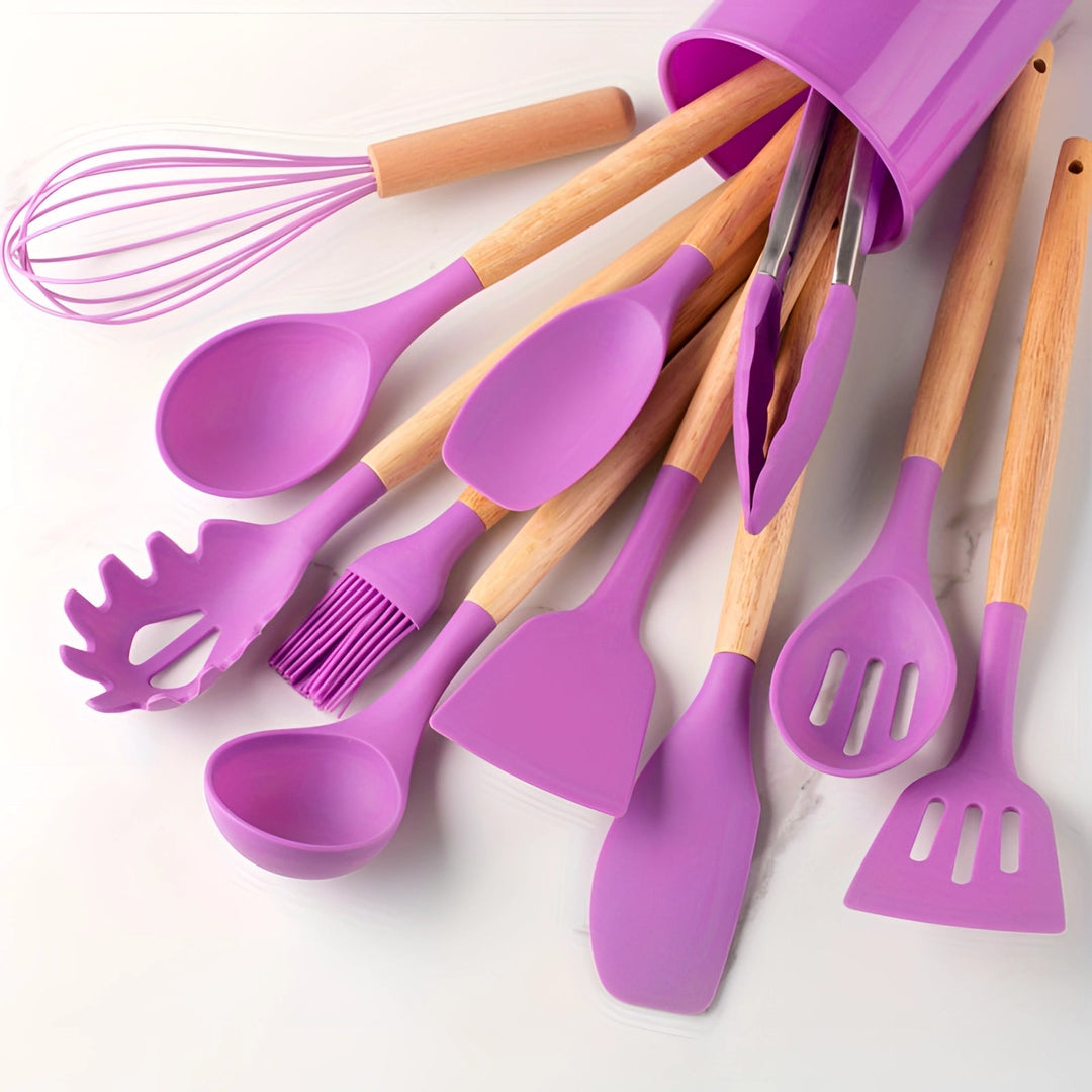 Silicone Kitchen Utensils Set with Bamboo Handles