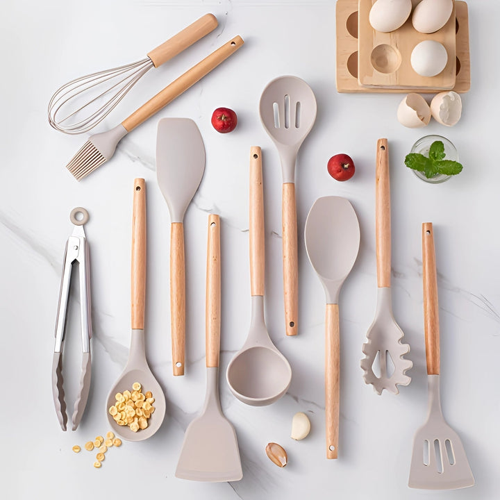 Silicone Kitchen Utensils Set with Bamboo Handles