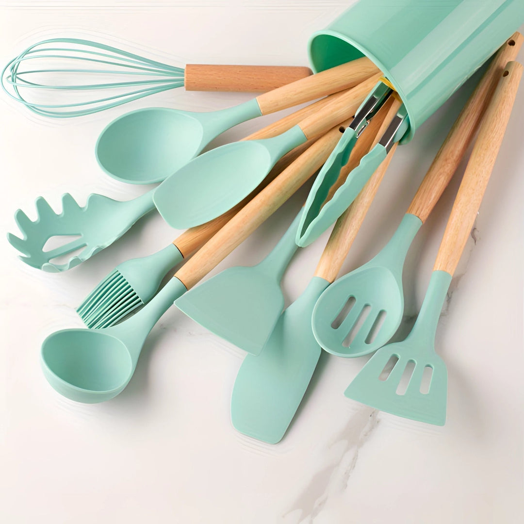 Silicone Kitchen Utensils Set with Bamboo Handles