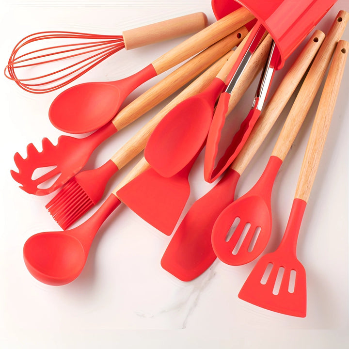Silicone Kitchen Utensils Set with Bamboo Handles