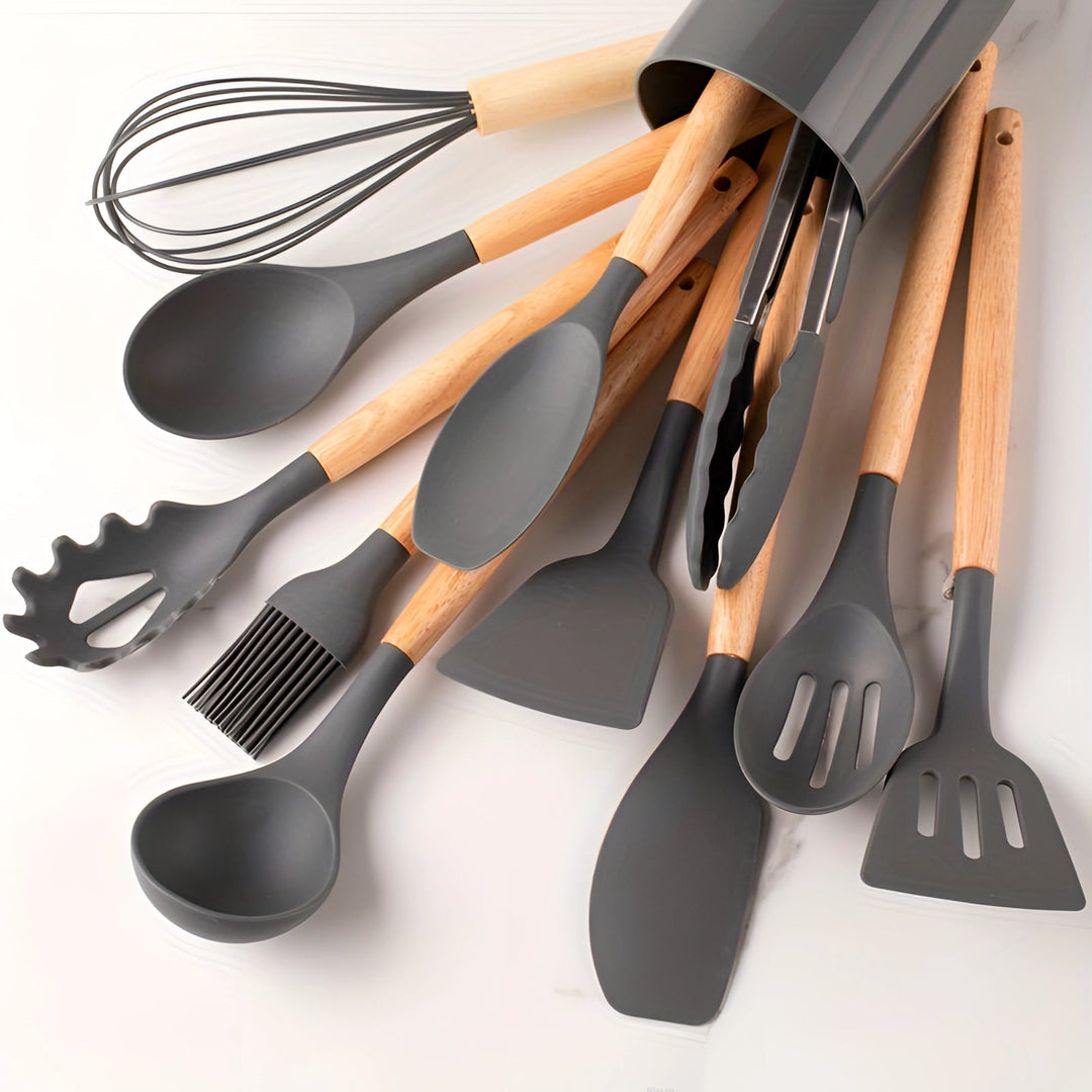 Silicone Kitchen Utensils Set with Bamboo Handles