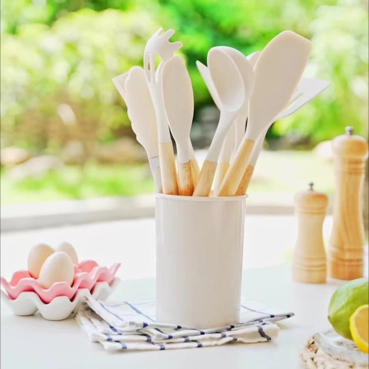 Silicone Kitchen Utensils Set with Bamboo Handles