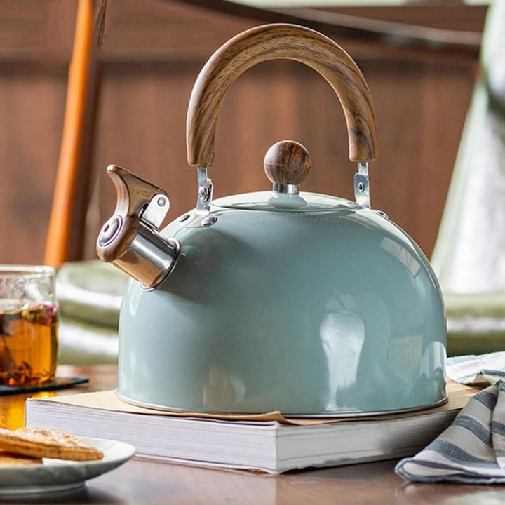Stainless Steel Whistling Kettle with Wooden Handle & Whistle Function