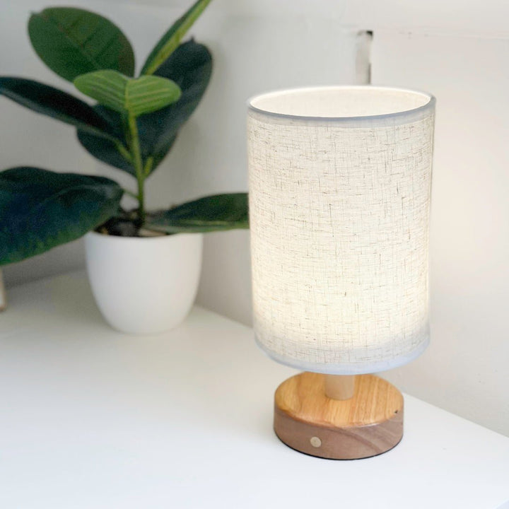 Nordic Table Lamp with Linen Shade and Wooden Base